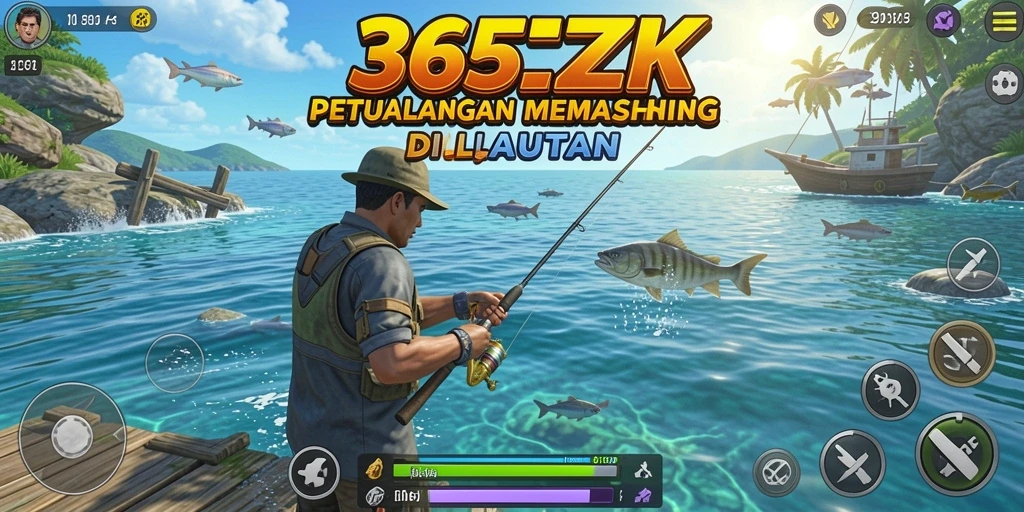 Screenshot gameplay <strong>365ZK</strong> menampilkan aksi memancing seru di lautan.
