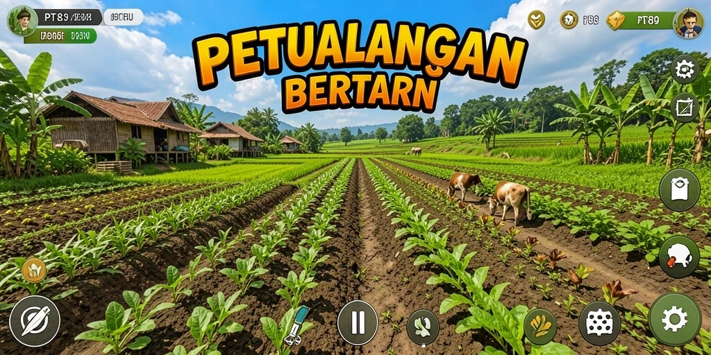 Screenshot gameplay PT89 yang menunjukkan kegiatan bertani yang seru.